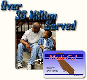 A photo of a man talking with his son, a Medi-Cal card, & the text Over 36 Million Served.