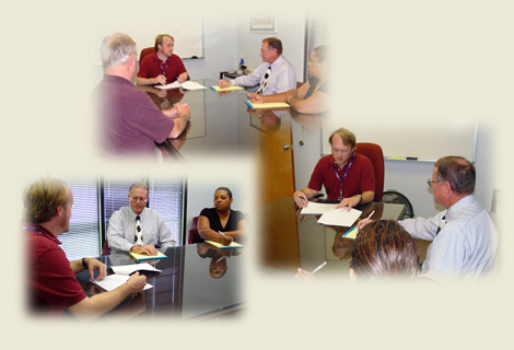 Collage of surveyors around table